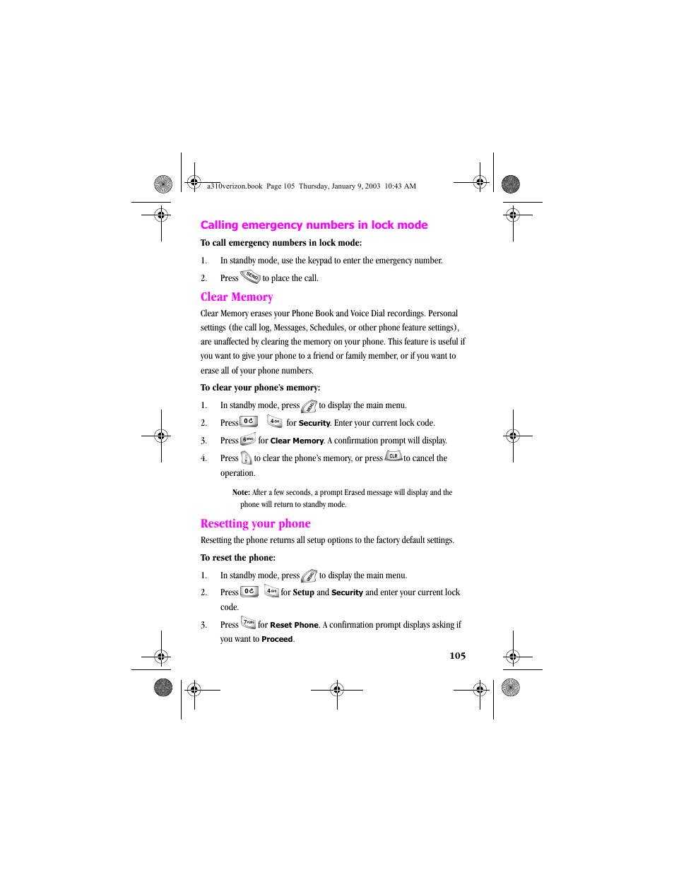 Clear memory, Resetting your phone, Clear memory resetting your phone | Samsung SCH-A310SV-XAR User Manual | Page 105 / 146