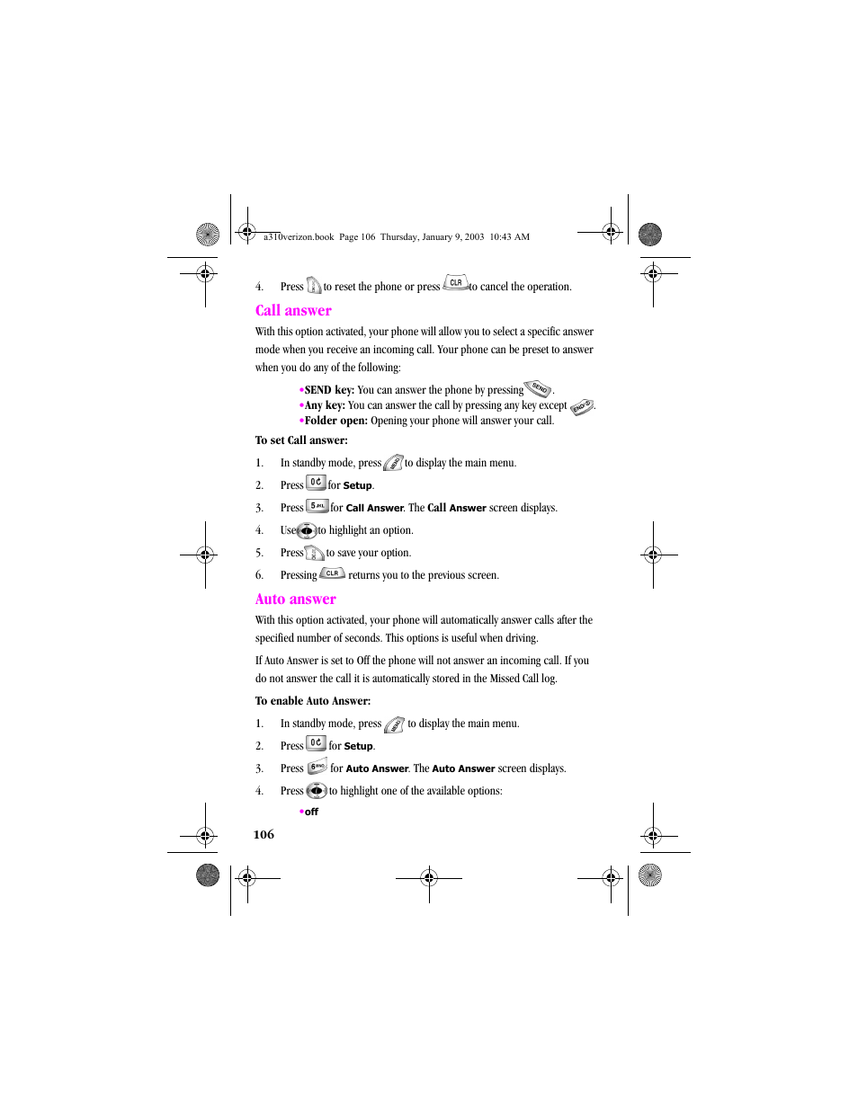 Call answer, Auto answer, Call answer auto answer | Samsung SCH-A310SV-XAR User Manual | Page 106 / 146