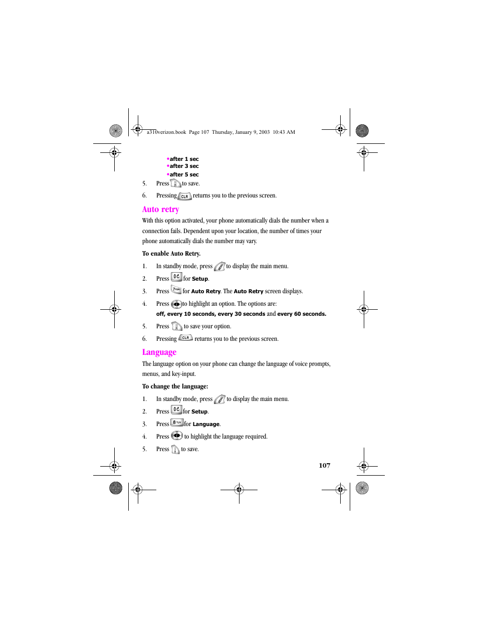 Auto retry, Language, Auto retry language | Samsung SCH-A310SV-XAR User Manual | Page 107 / 146