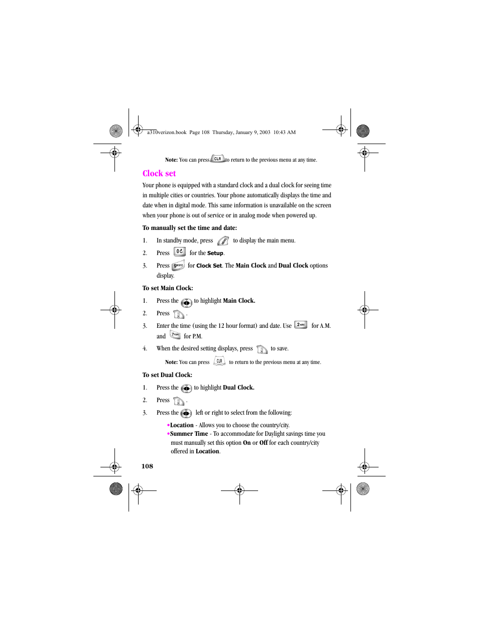 Clock set | Samsung SCH-A310SV-XAR User Manual | Page 108 / 146