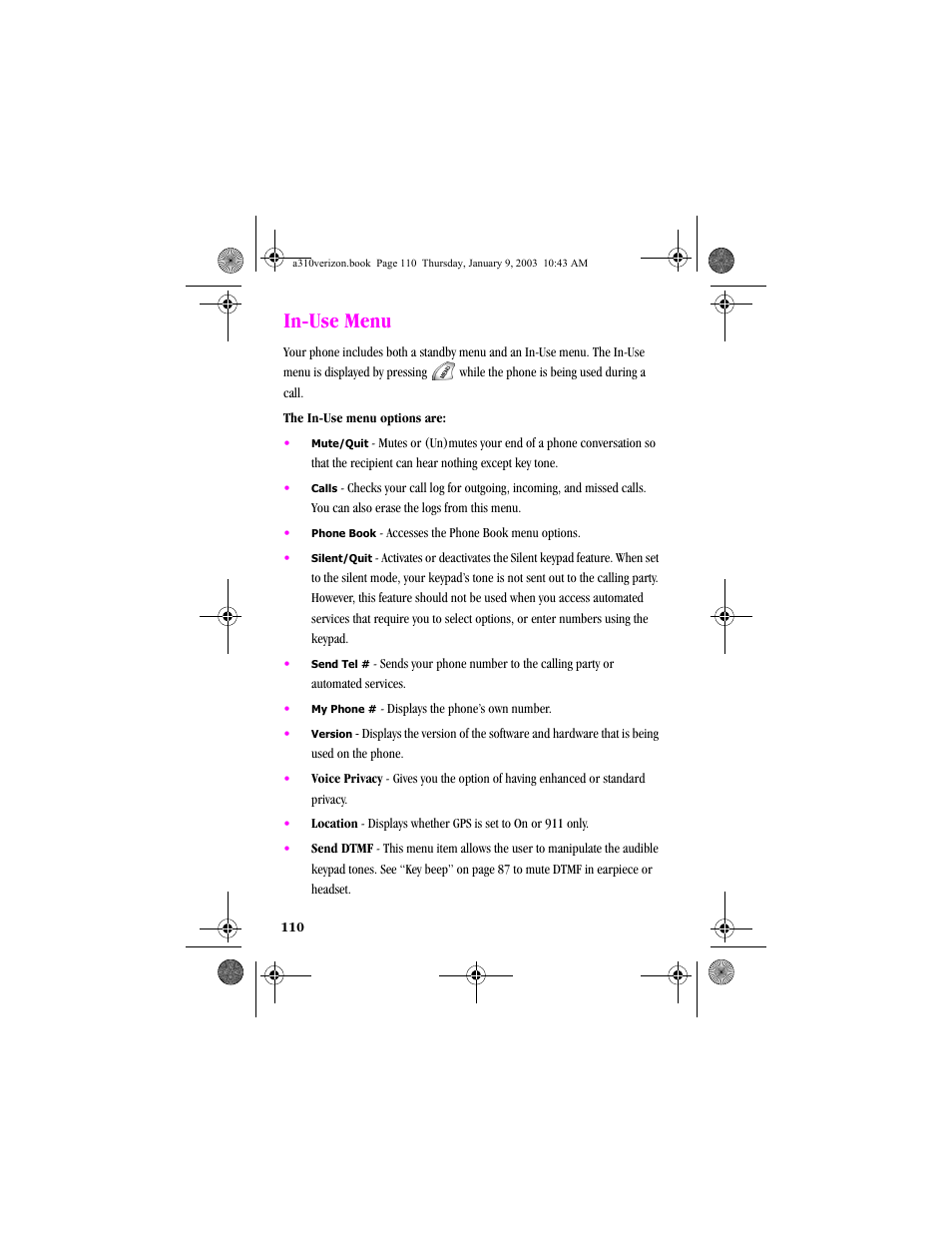 In-use menu | Samsung SCH-A310SV-XAR User Manual | Page 110 / 146