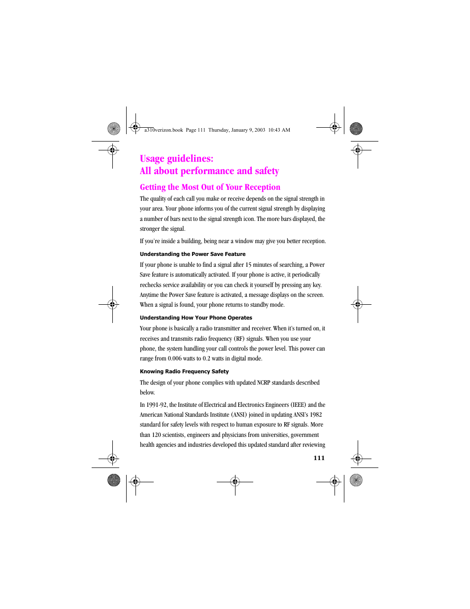 Usage guidelines: all about performance and safety, Getting the most out of your reception | Samsung SCH-A310SV-XAR User Manual | Page 111 / 146