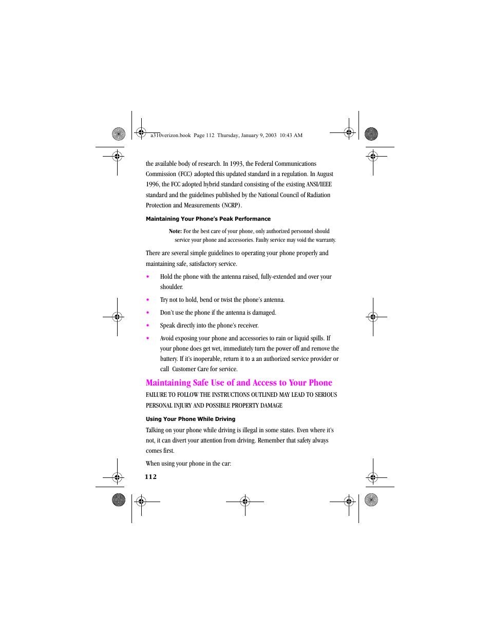 Maintaining safe use of and access to your phone | Samsung SCH-A310SV-XAR User Manual | Page 112 / 146