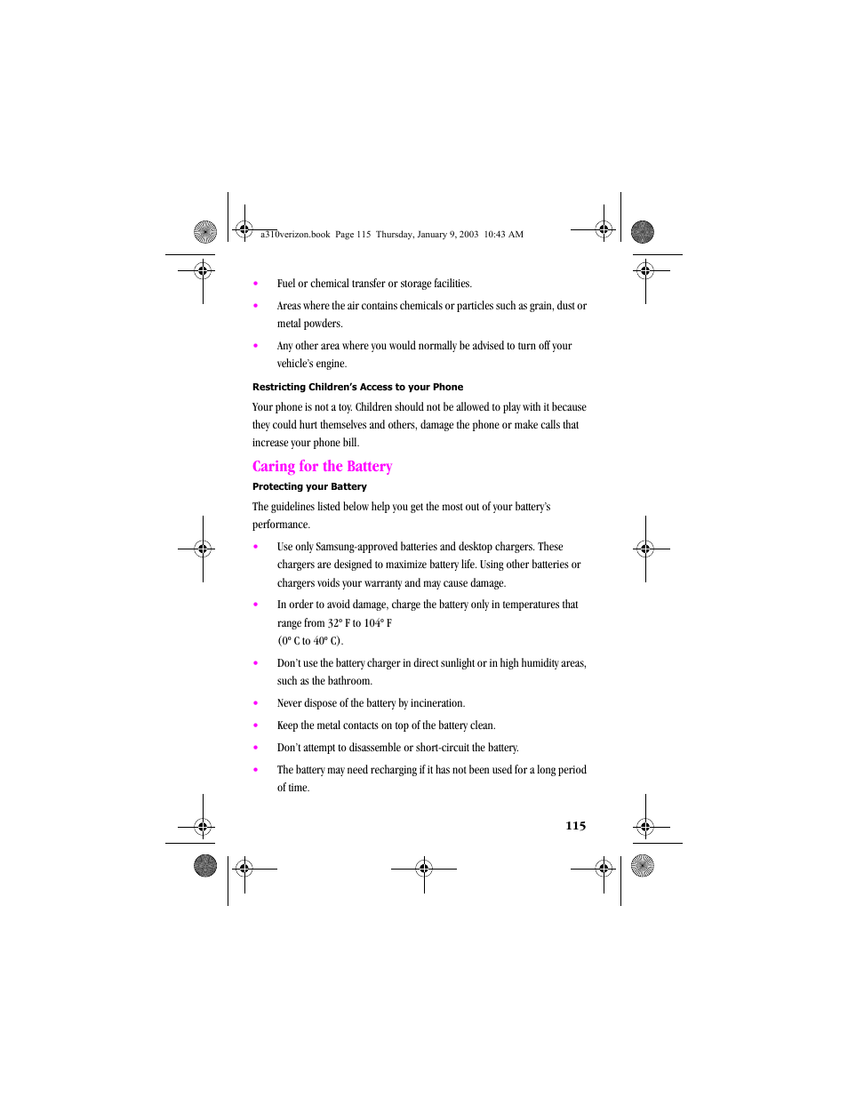 Caring for the battery | Samsung SCH-A310SV-XAR User Manual | Page 115 / 146