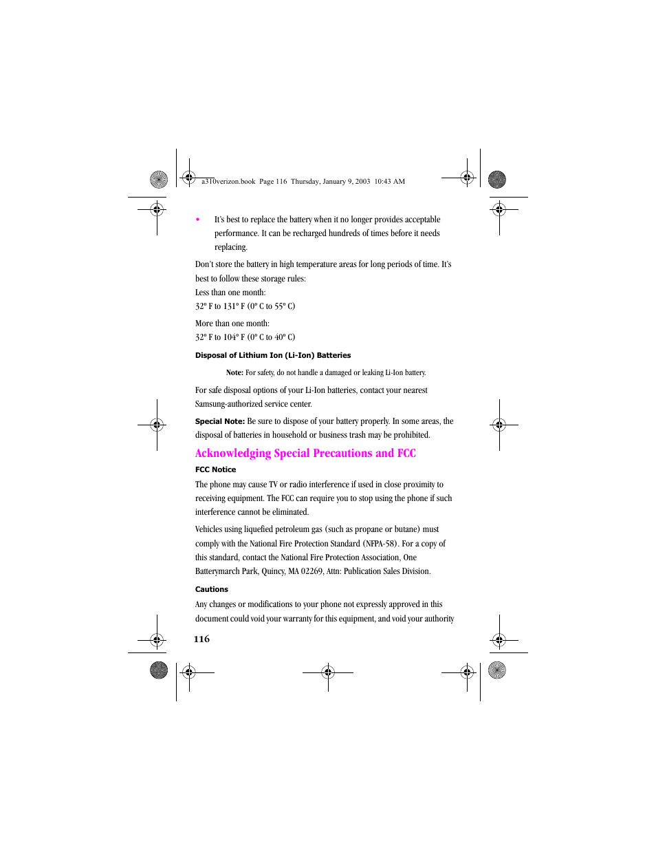 Acknowledging special precautions and fcc | Samsung SCH-A310SV-XAR User Manual | Page 116 / 146