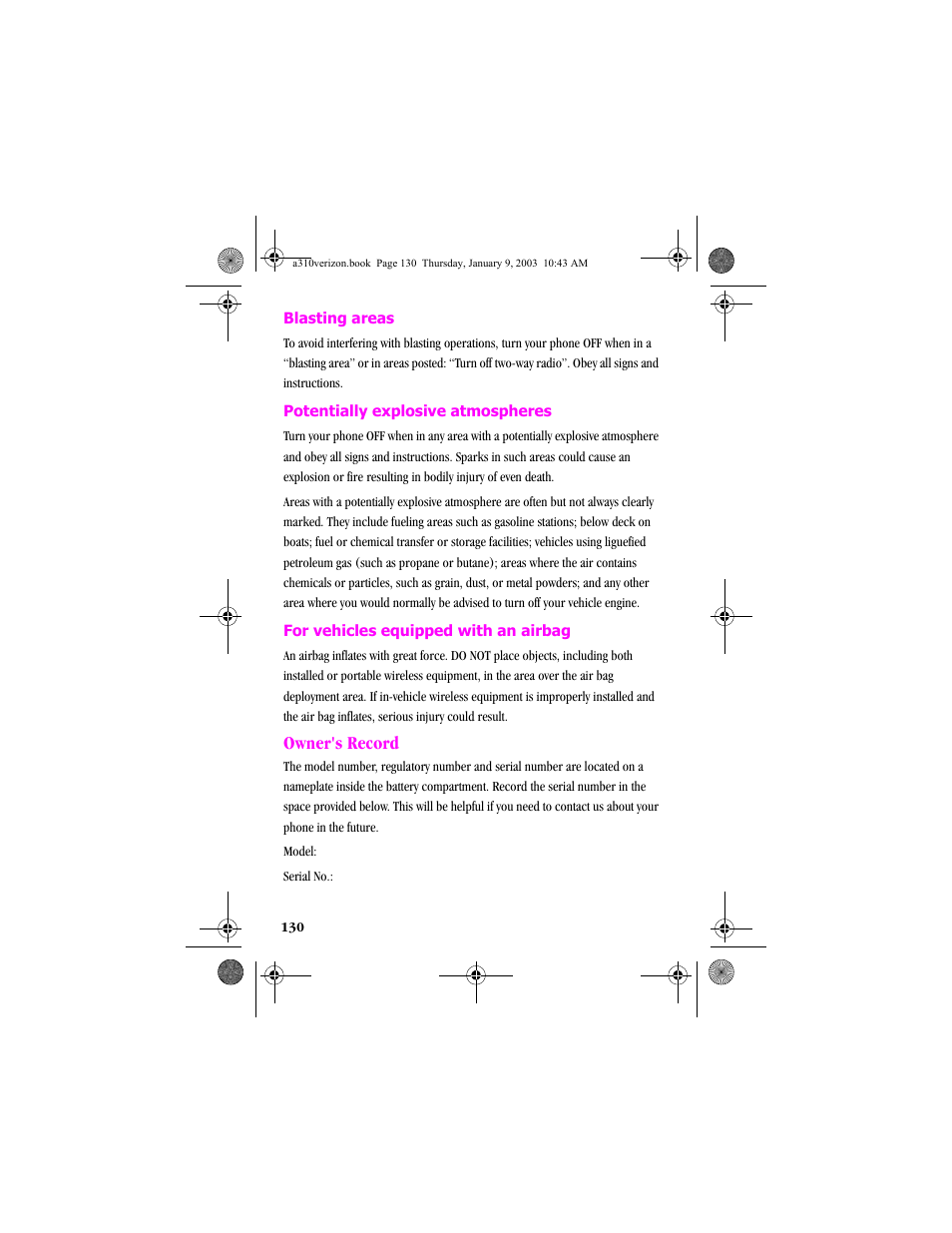 Owner's record | Samsung SCH-A310SV-XAR User Manual | Page 130 / 146