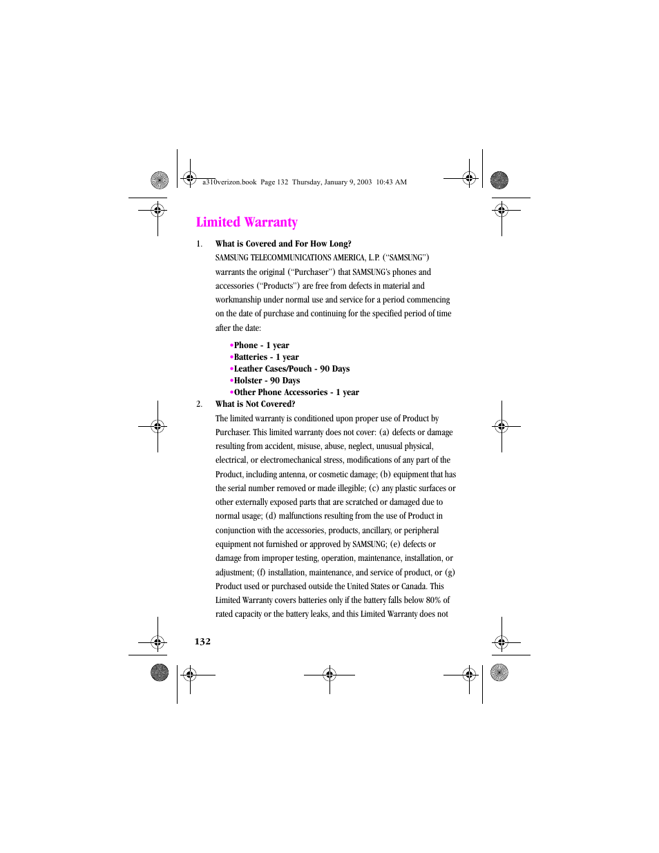 Limited warranty | Samsung SCH-A310SV-XAR User Manual | Page 132 / 146