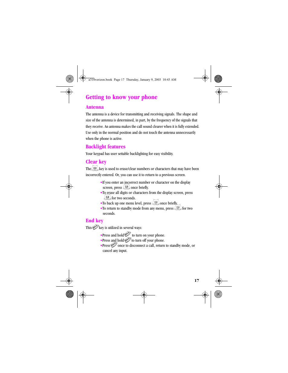 Getting to know your phone, Antenna, Backlight features | Clear key, End key, Antenna backlight features clear key end key | Samsung SCH-A310SV-XAR User Manual | Page 17 / 146