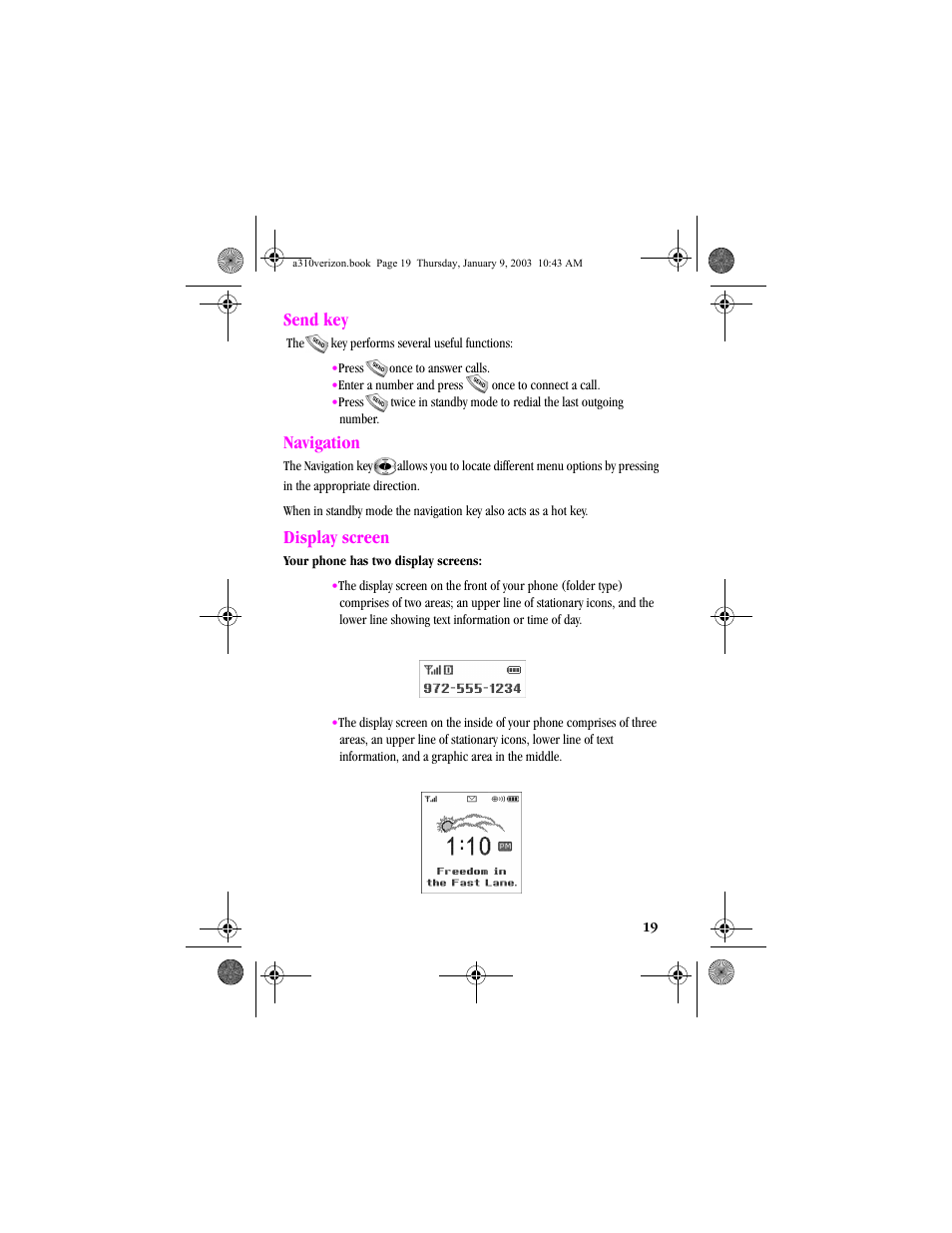 Send key, Navigation, Display screen | Send key navigation display screen | Samsung SCH-A310SV-XAR User Manual | Page 19 / 146