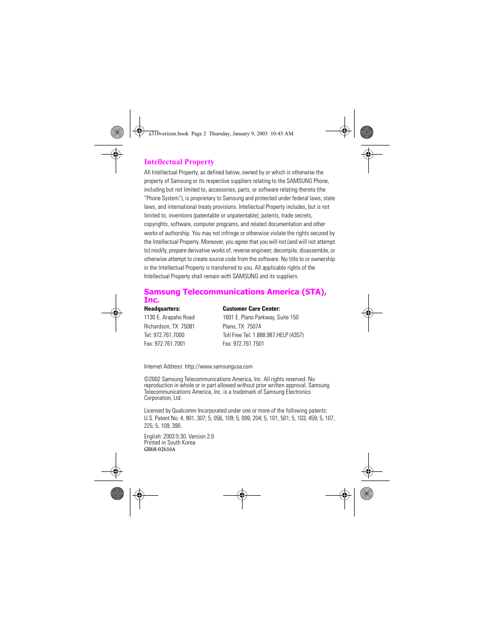 Samsung telecommunications america (sta), inc | Samsung SCH-A310SV-XAR User Manual | Page 2 / 146