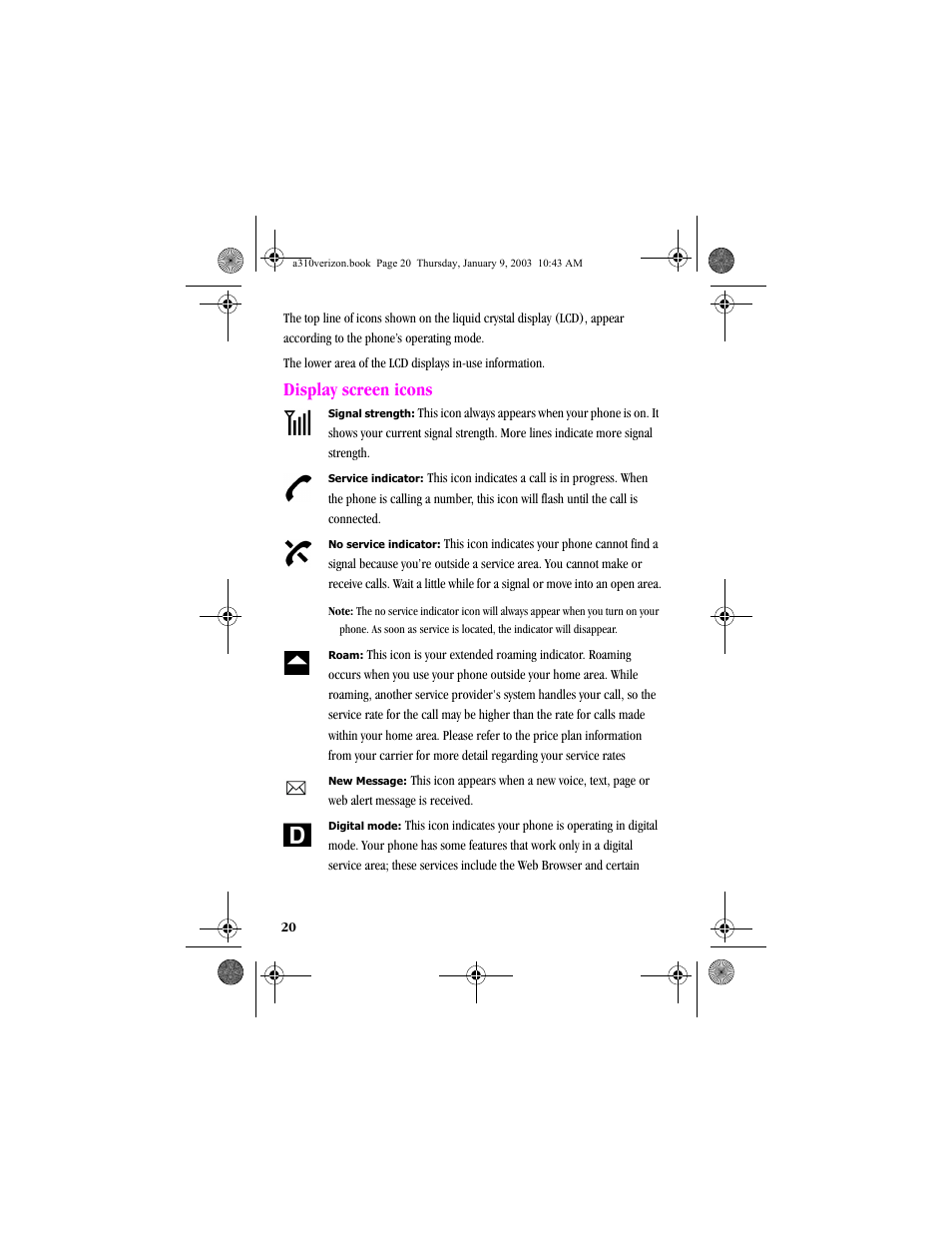 Display screen icons | Samsung SCH-A310SV-XAR User Manual | Page 20 / 146