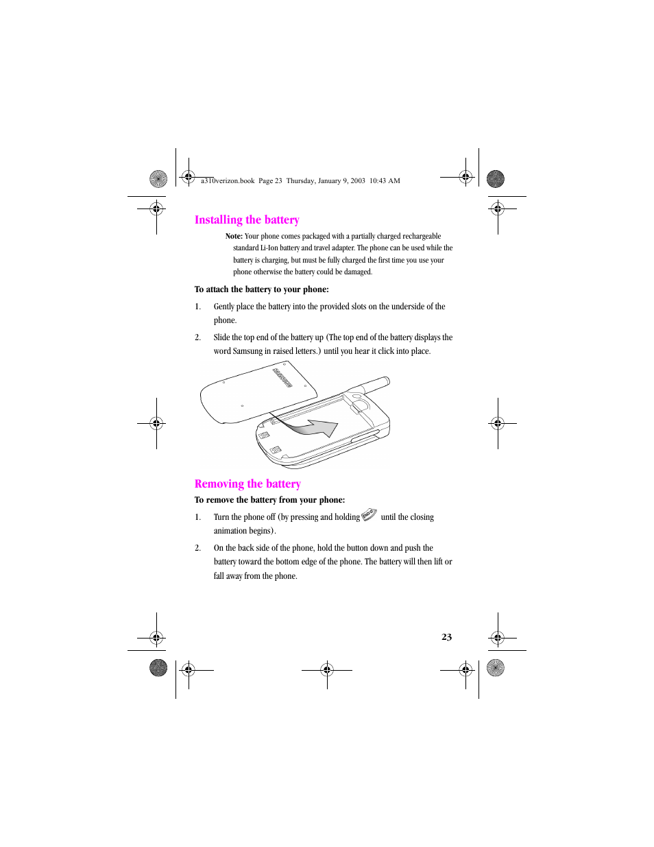 Installing the battery, Removing the battery | Samsung SCH-A310SV-XAR User Manual | Page 23 / 146