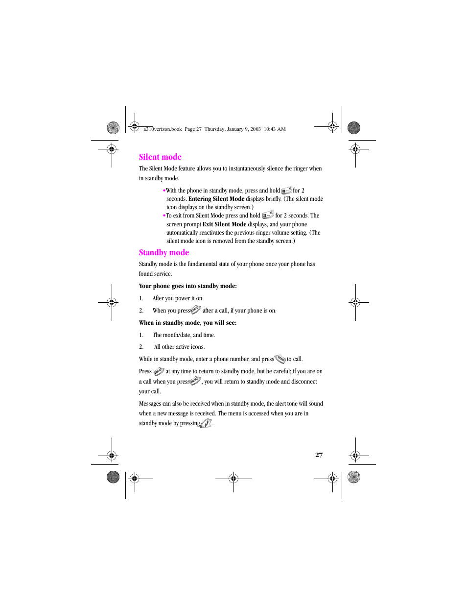 Silent mode, Standby mode, Silent mode standby mode | Samsung SCH-A310SV-XAR User Manual | Page 27 / 146