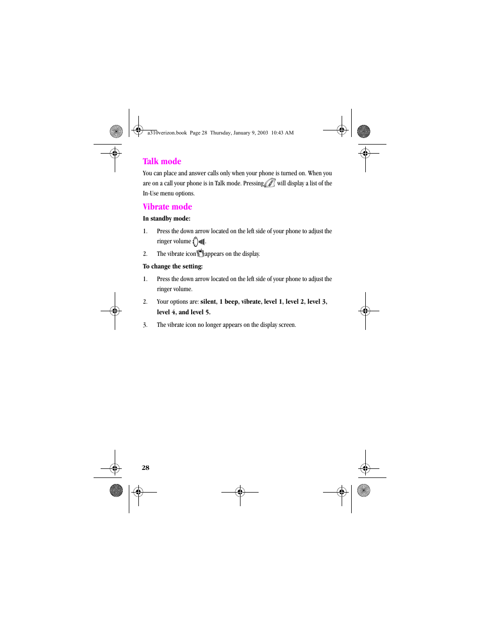 Talk mode, Vibrate mode, Talk mode vibrate mode | Samsung SCH-A310SV-XAR User Manual | Page 28 / 146