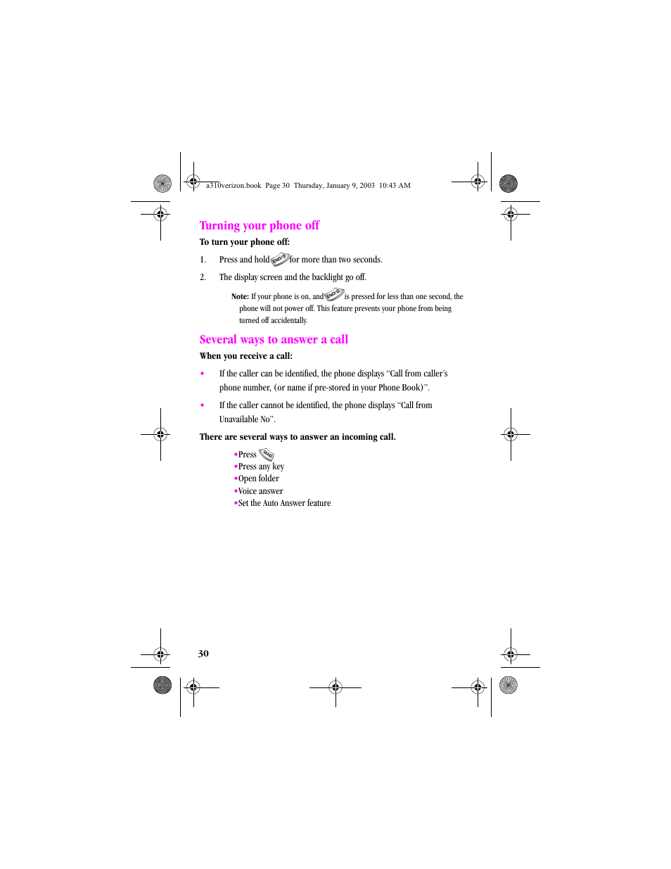 Turning your phone off, Several ways to answer a call | Samsung SCH-A310SV-XAR User Manual | Page 30 / 146