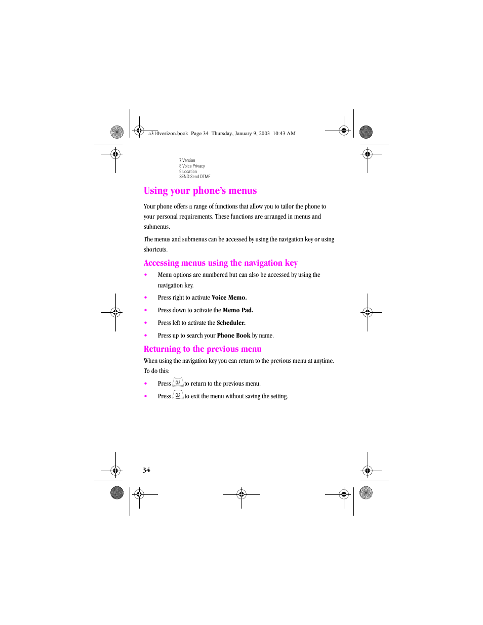 Using your phone’s menus, Accessing menus using the navigation key, Returning to the previous menu | Samsung SCH-A310SV-XAR User Manual | Page 34 / 146