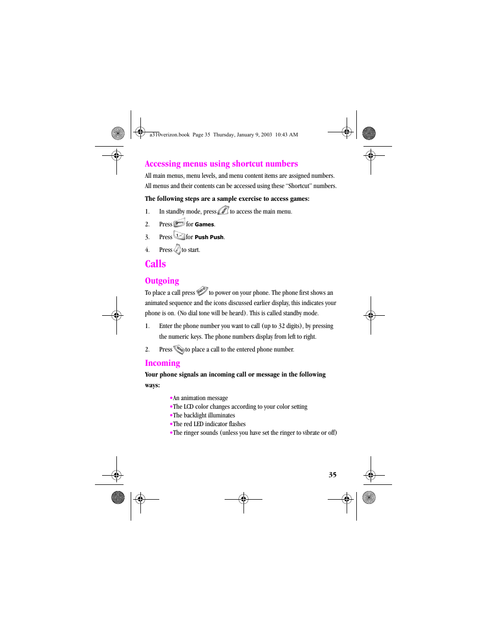 Accessing menus using shortcut numbers, Calls, Outgoing | Incoming, Outgoing incoming | Samsung SCH-A310SV-XAR User Manual | Page 35 / 146