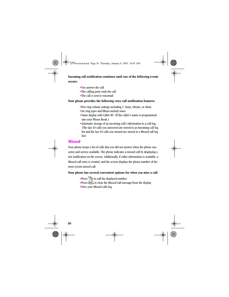 Missed | Samsung SCH-A310SV-XAR User Manual | Page 36 / 146