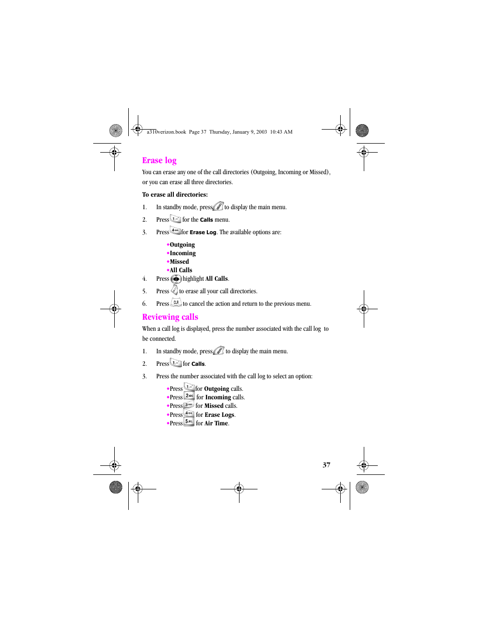 Erase log, Reviewing calls, Erase log reviewing calls | Samsung SCH-A310SV-XAR User Manual | Page 37 / 146