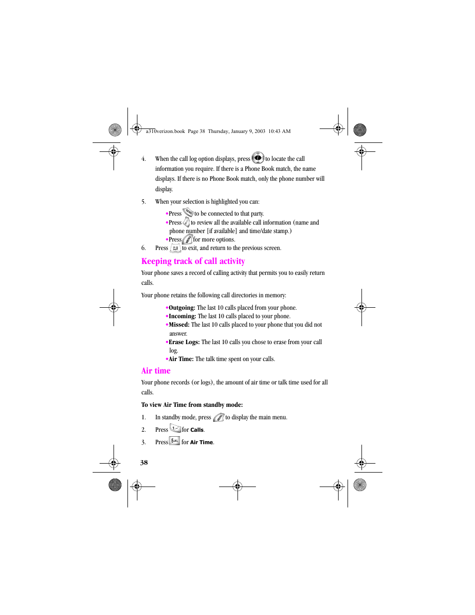 Keeping track of call activity, Air time, Keeping track of call activity air time | Samsung SCH-A310SV-XAR User Manual | Page 38 / 146