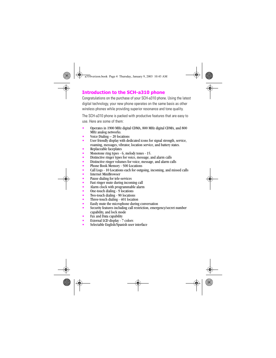 Introduction to the sch-a310 phone | Samsung SCH-A310SV-XAR User Manual | Page 4 / 146