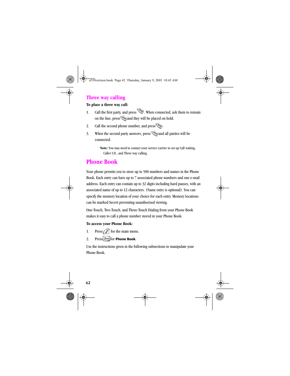 Three way calling, Phone book | Samsung SCH-A310SV-XAR User Manual | Page 42 / 146