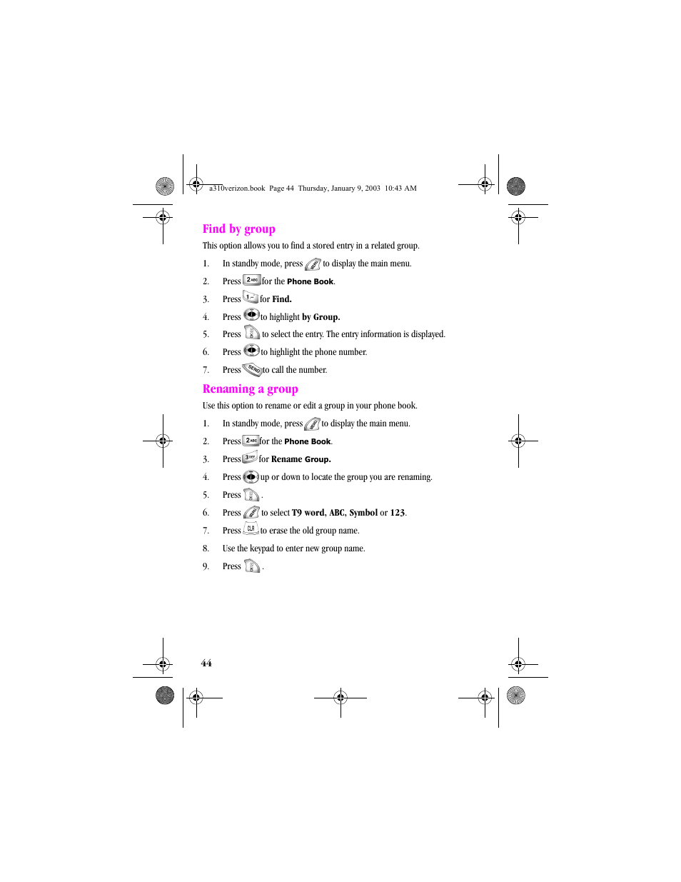 Find by group, Renaming a group, Find by group renaming a group | Samsung SCH-A310SV-XAR User Manual | Page 44 / 146
