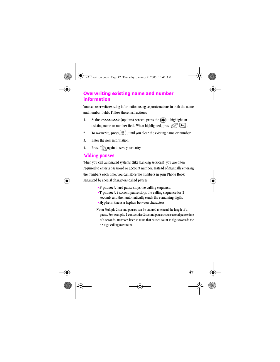 Adding pauses | Samsung SCH-A310SV-XAR User Manual | Page 47 / 146