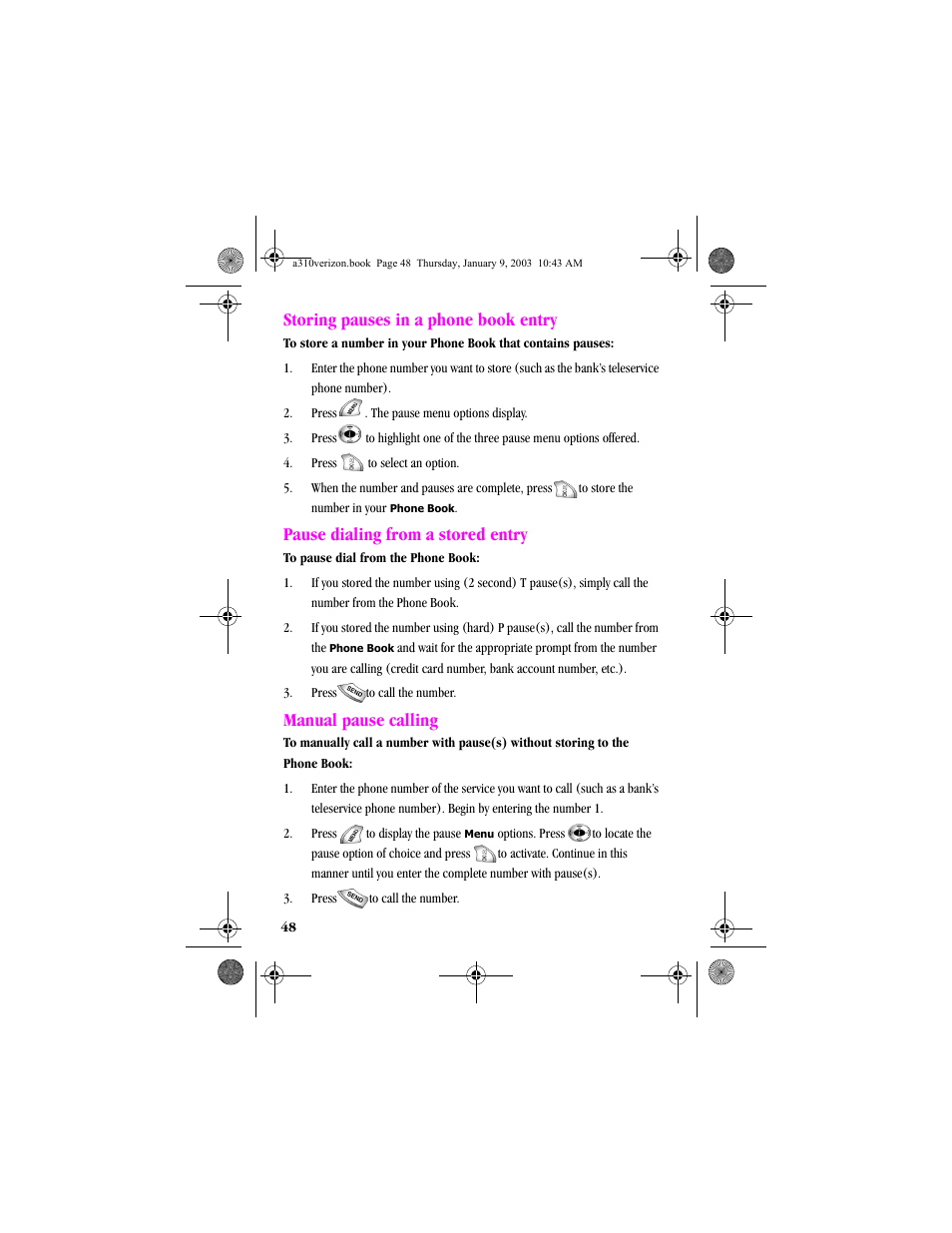 Storing pauses in a phone book entry, Pause dialing from a stored entry, Manual pause calling | Samsung SCH-A310SV-XAR User Manual | Page 48 / 146