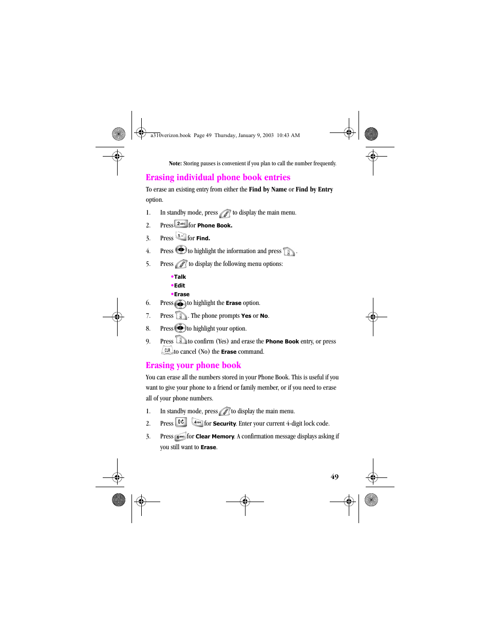 Erasing individual phone book entries, Erasing your phone book | Samsung SCH-A310SV-XAR User Manual | Page 49 / 146
