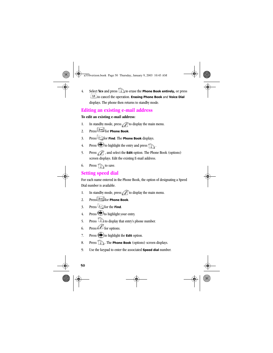 Editing an existing e-mail address, Setting speed dial | Samsung SCH-A310SV-XAR User Manual | Page 50 / 146