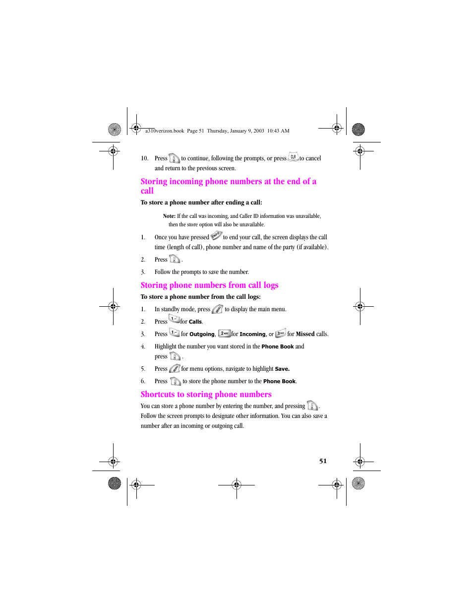 Storing phone numbers from call logs, Shortcuts to storing phone numbers | Samsung SCH-A310SV-XAR User Manual | Page 51 / 146