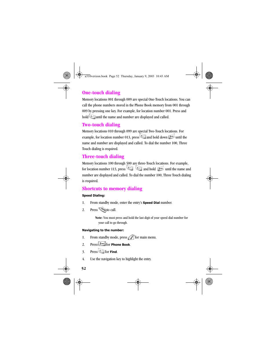 One-touch dialing, Two-touch dialing, Three-touch dialing | Shortcuts to memory dialing | Samsung SCH-A310SV-XAR User Manual | Page 52 / 146