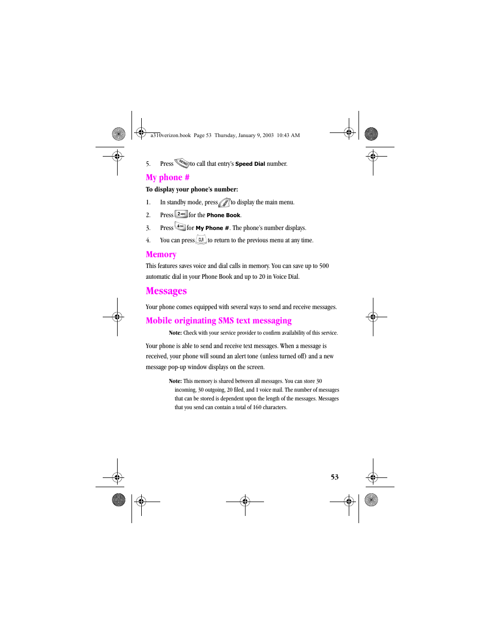 My phone, Memory, Messages | Mobile originating sms text messaging, My phone # memory | Samsung SCH-A310SV-XAR User Manual | Page 53 / 146