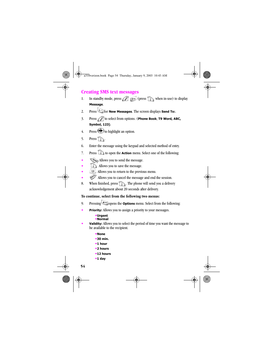 Creating sms text messages | Samsung SCH-A310SV-XAR User Manual | Page 54 / 146