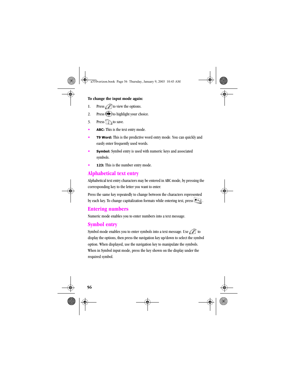 Alphabetical text entry, Entering numbers, Symbol entry | Samsung SCH-A310SV-XAR User Manual | Page 56 / 146