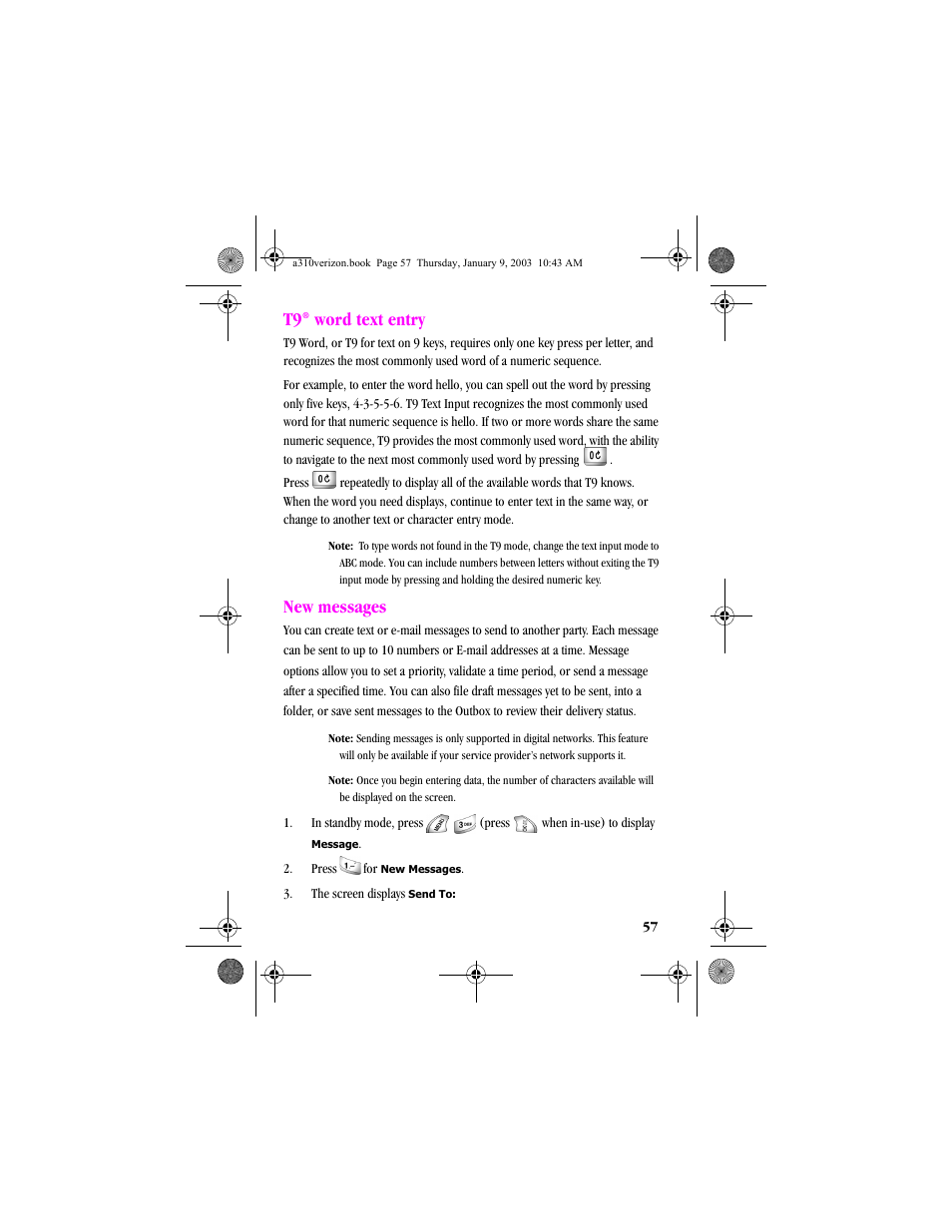 T9® word text entry, New messages, Word text entry | Samsung SCH-A310SV-XAR User Manual | Page 57 / 146