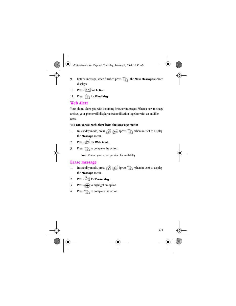 Web alert, Erase message, Web alert erase message | Samsung SCH-A310SV-XAR User Manual | Page 61 / 146