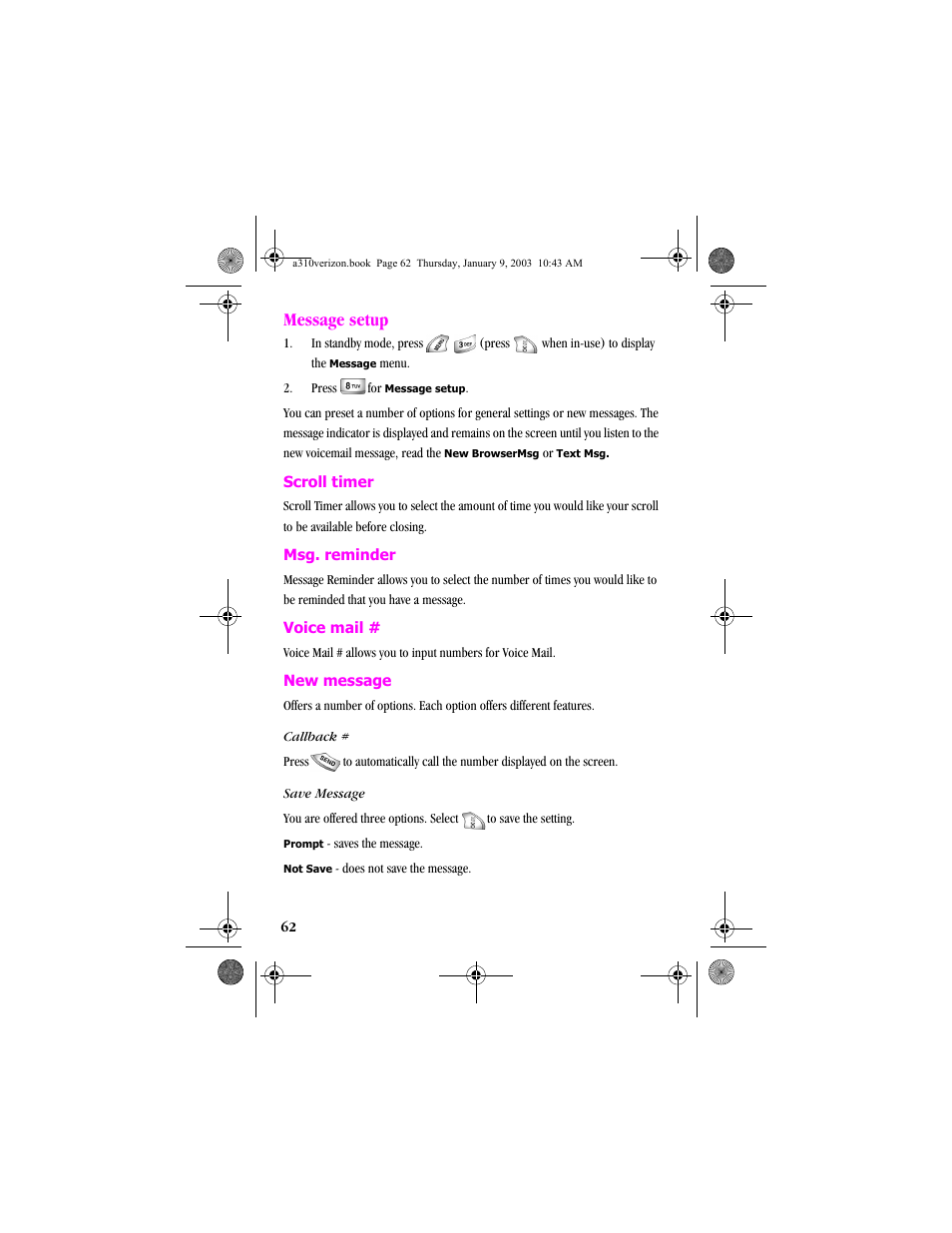 Message setup | Samsung SCH-A310SV-XAR User Manual | Page 62 / 146