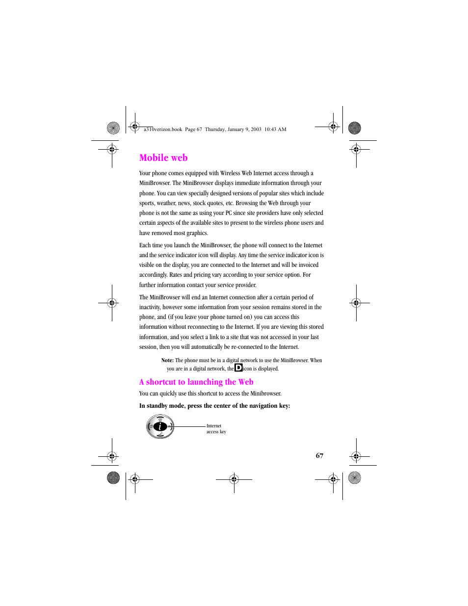 Mobile web, A shortcut to launching the web | Samsung SCH-A310SV-XAR User Manual | Page 67 / 146