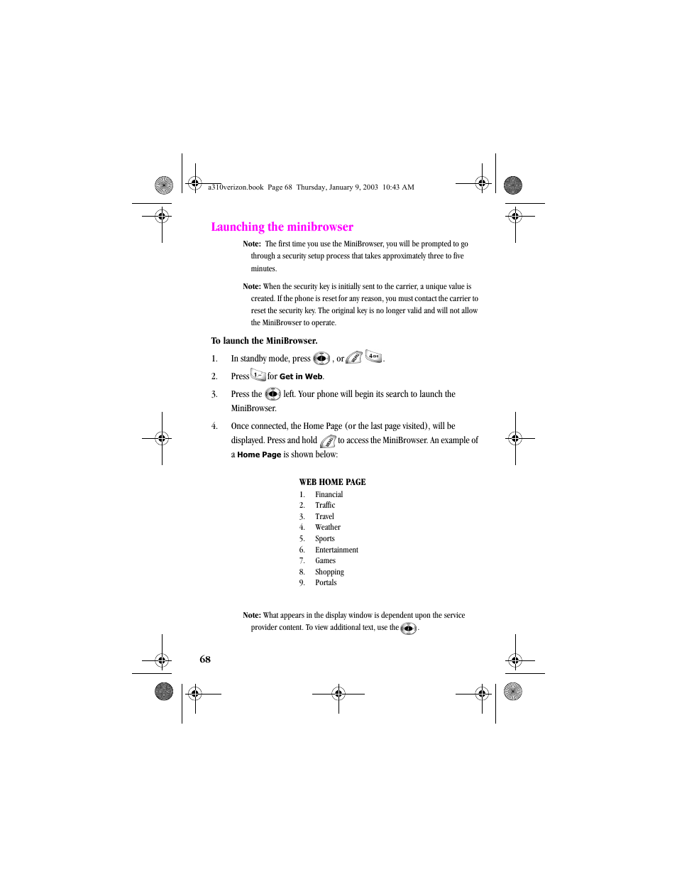 Launching the minibrowser | Samsung SCH-A310SV-XAR User Manual | Page 68 / 146