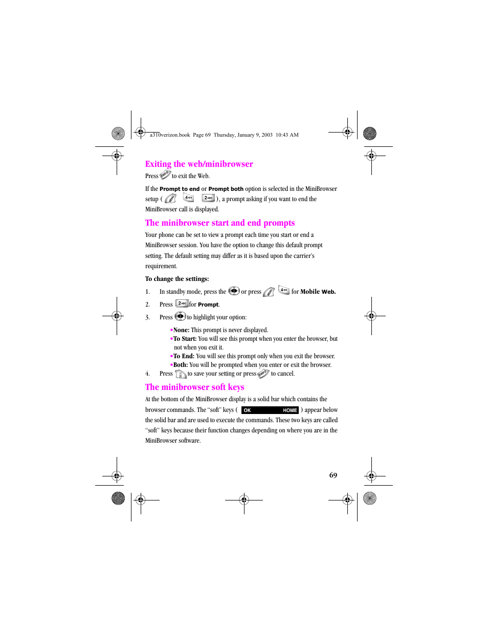 Exiting the web/minibrowser, The minibrowser start and end prompts, The minibrowser soft keys | Samsung SCH-A310SV-XAR User Manual | Page 69 / 146