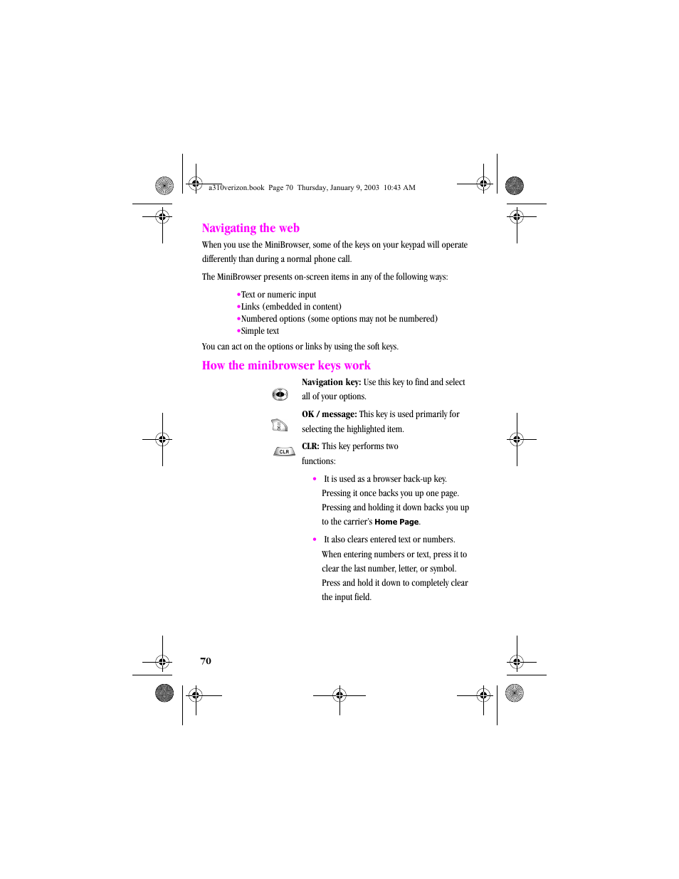 Navigating the web, How the minibrowser keys work, Navigating the web how the minibrowser keys work | Samsung SCH-A310SV-XAR User Manual | Page 70 / 146