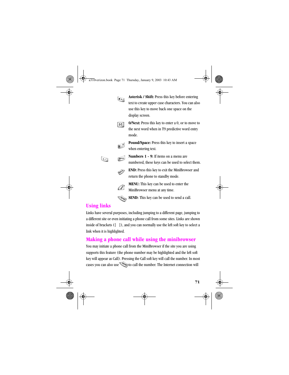 Using links, Making a phone call while using the minibrowser | Samsung SCH-A310SV-XAR User Manual | Page 71 / 146