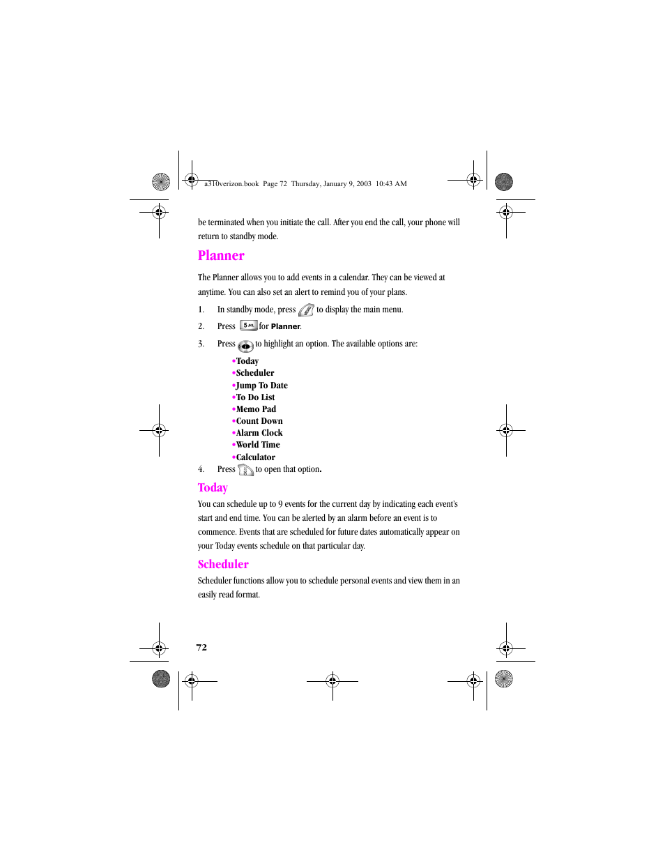 Planner, Today, Scheduler | Today scheduler | Samsung SCH-A310SV-XAR User Manual | Page 72 / 146