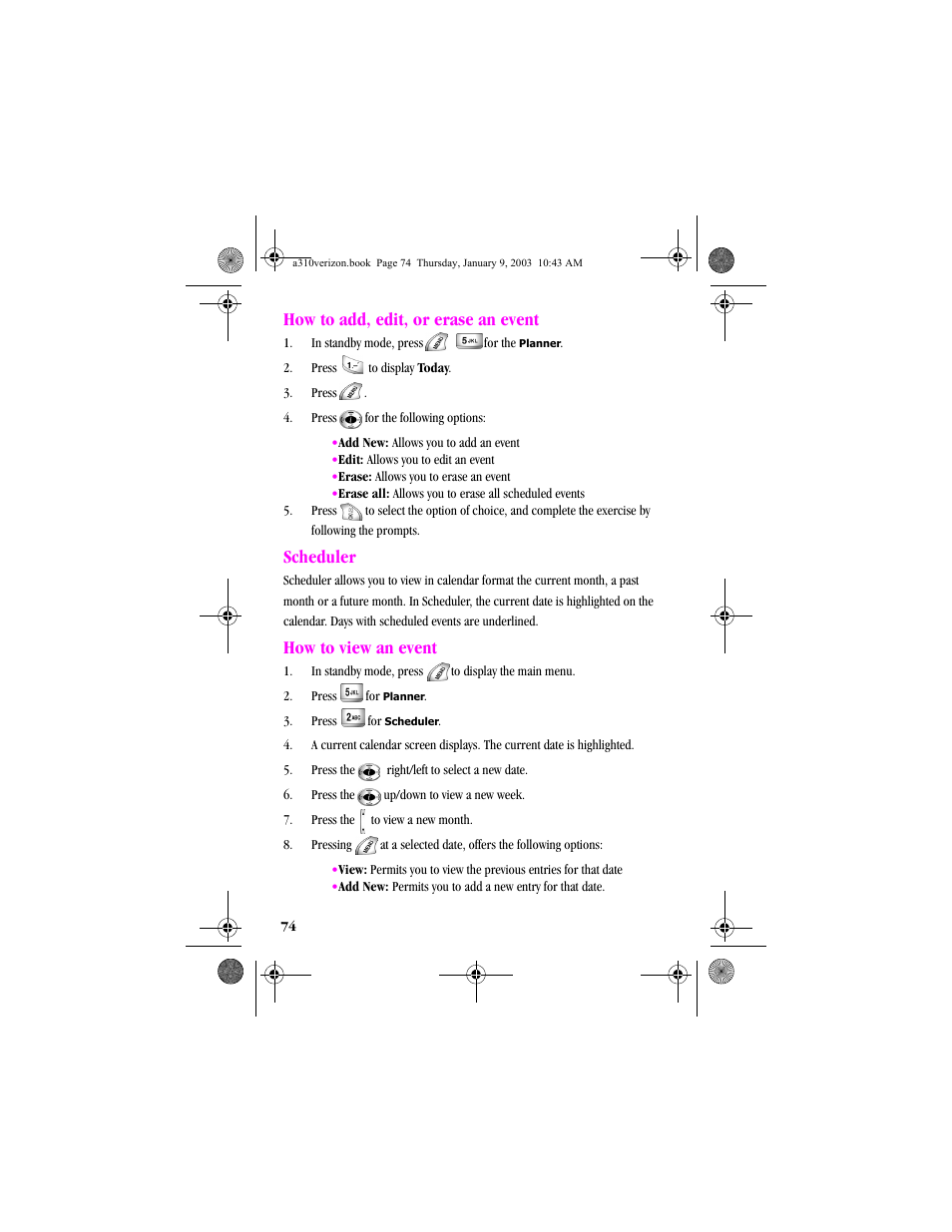 How to add, edit, or erase an event, Scheduler, How to view an event | Samsung SCH-A310SV-XAR User Manual | Page 74 / 146