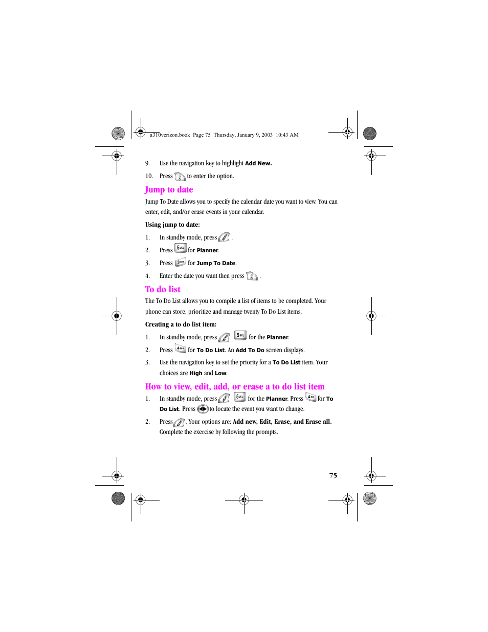 Jump to date, To do list, How to view, edit, add, or erase a to do list item | Samsung SCH-A310SV-XAR User Manual | Page 75 / 146