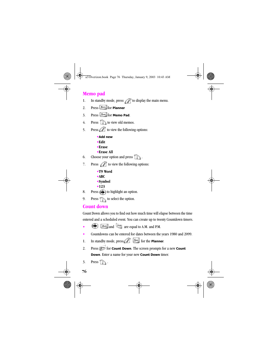 Memo pad, Count down, Memo pad count down | Samsung SCH-A310SV-XAR User Manual | Page 76 / 146