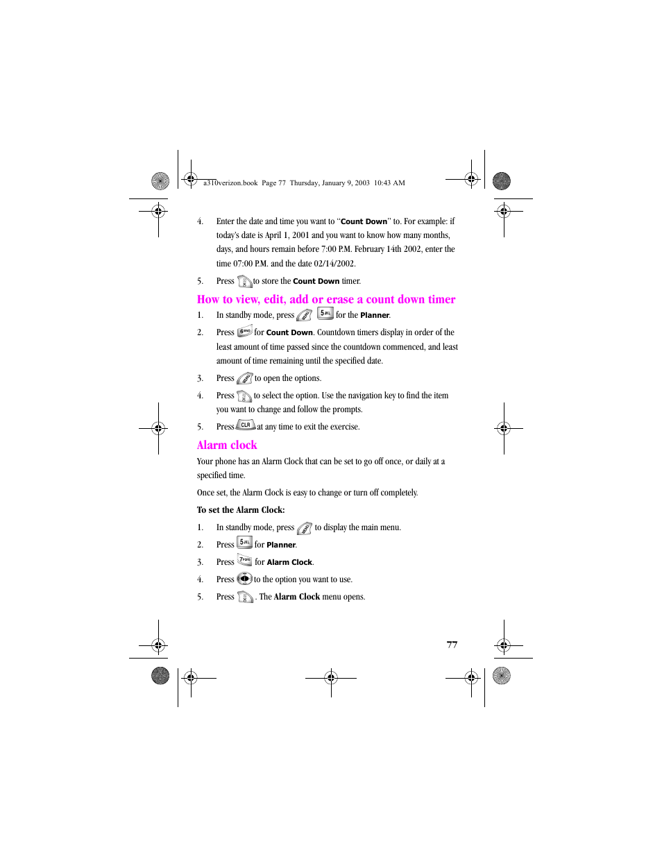 How to view, edit, add or erase a count down timer, Alarm clock | Samsung SCH-A310SV-XAR User Manual | Page 77 / 146