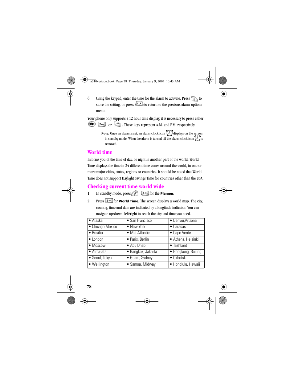 World time, Checking current time world wide, World time checking current time world wide | Samsung SCH-A310SV-XAR User Manual | Page 78 / 146